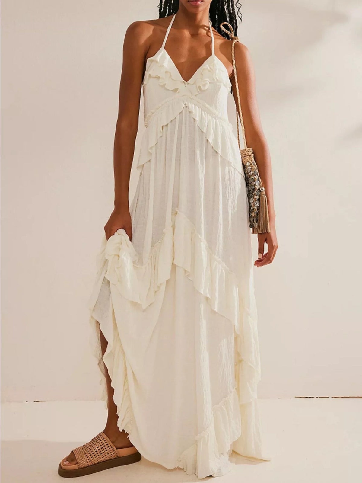 Women's Ruffle Halter Maxi Dress Boho Flowy Summer Dress - Seldom Seen Styles