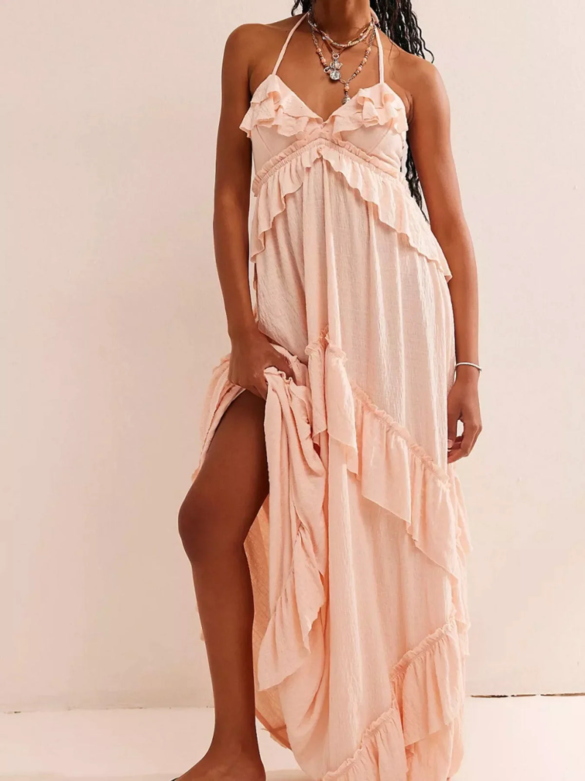 Women's Ruffle Halter Maxi Dress Boho Flowy Summer Dress - Seldom Seen Styles