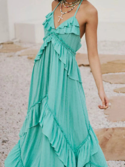 Robe longue à volants et col licou