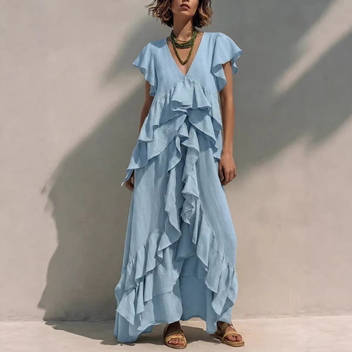 Women's Ruffle Maxi Dress V Neck Flowy Boho Dress Loose Fit Summer Vacation Beach Resort Dress - Seldom Seen Styles
