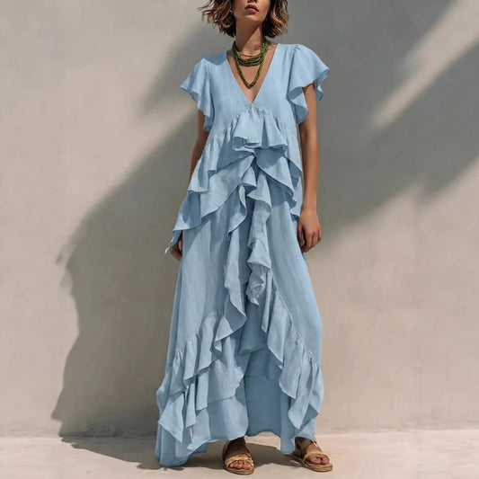 Women's Ruffle Maxi Dress V Neck Flowy Boho Dress Loose Fit Summer Vacation Beach Resort Dress - Seldom Seen Styles