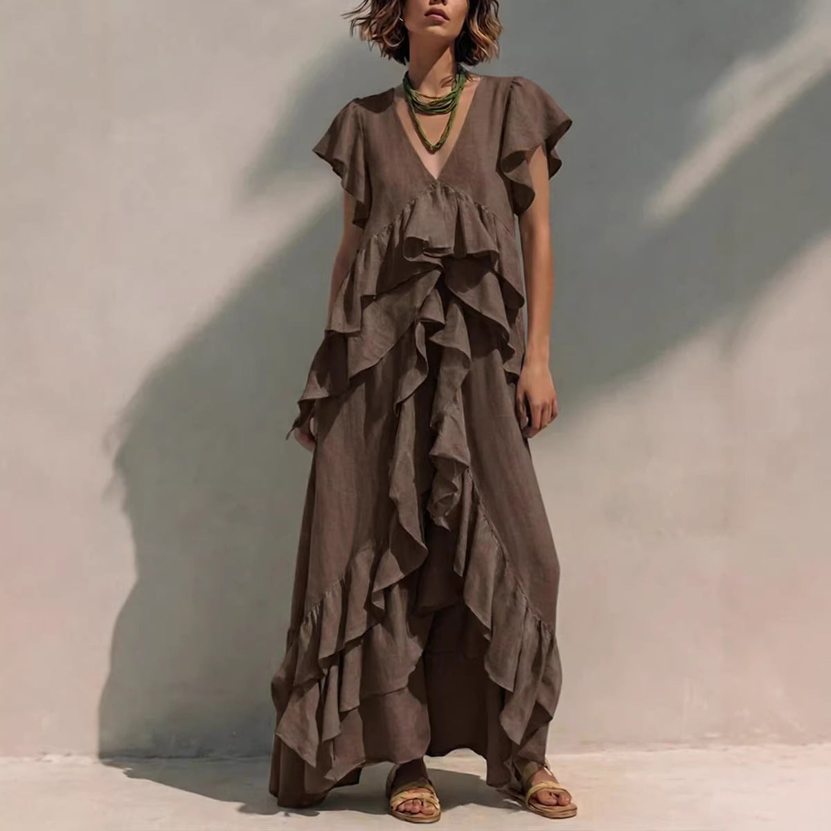 Women's Ruffle Maxi Dress V Neck Flowy Boho Dress Loose Fit Summer Vacation Beach Resort Dress - Seldom Seen Styles