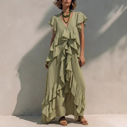 Women's Ruffle Maxi Dress V Neck Flowy Boho Dress Loose Fit Summer Vacation Beach Resort Dress