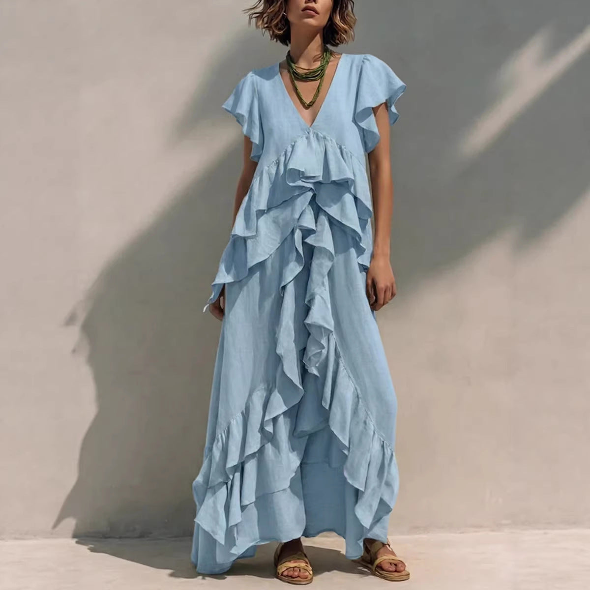 Women's Ruffle Maxi Dress V Neck Flowy Boho Dress Loose Fit Summer Vacation Beach Resort Dress - Seldom Seen Styles