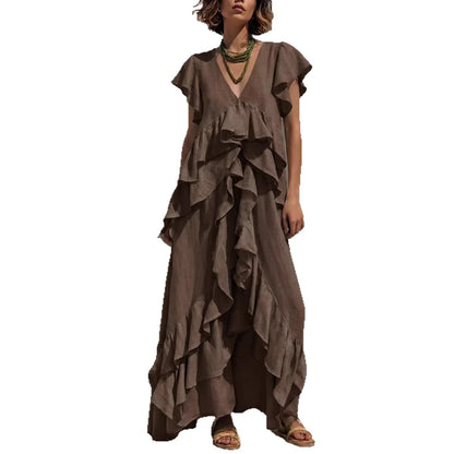 Women's Ruffle Maxi Dress V Neck Flowy Boho Dress Loose Fit Summer Vacation Beach Resort Dress