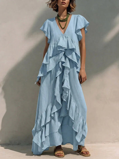 Women's Ruffle Maxi Dress V Neck Flowy Boho Dress Loose Fit Summer Vacation Beach Resort Dress