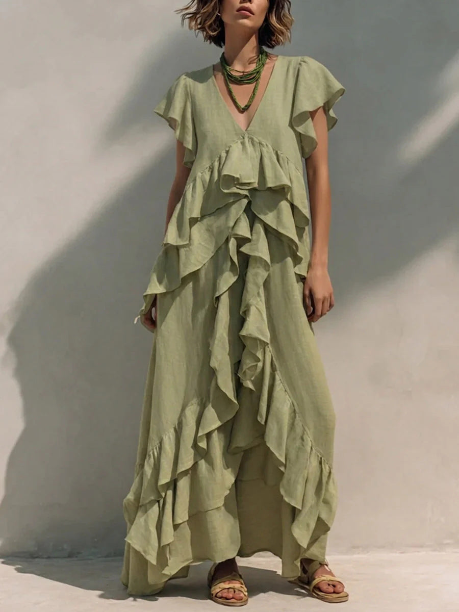 Women's Ruffle Maxi Dress V Neck Flowy Boho Dress Loose Fit Summer Vacation Beach Resort Dress - Seldom Seen Styles