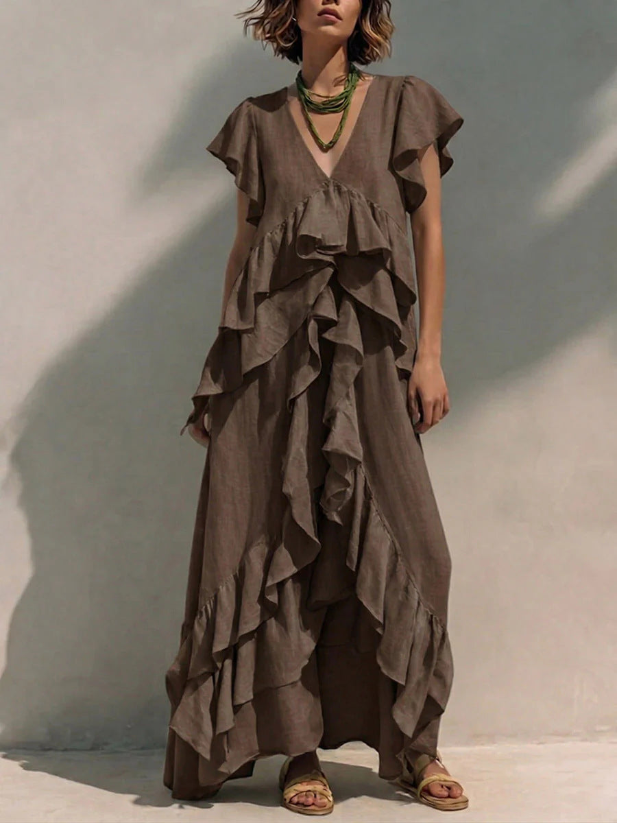Women's Ruffle Maxi Dress V Neck Flowy Boho Dress Loose Fit Summer Vacation Beach Resort Dress - Seldom Seen Styles