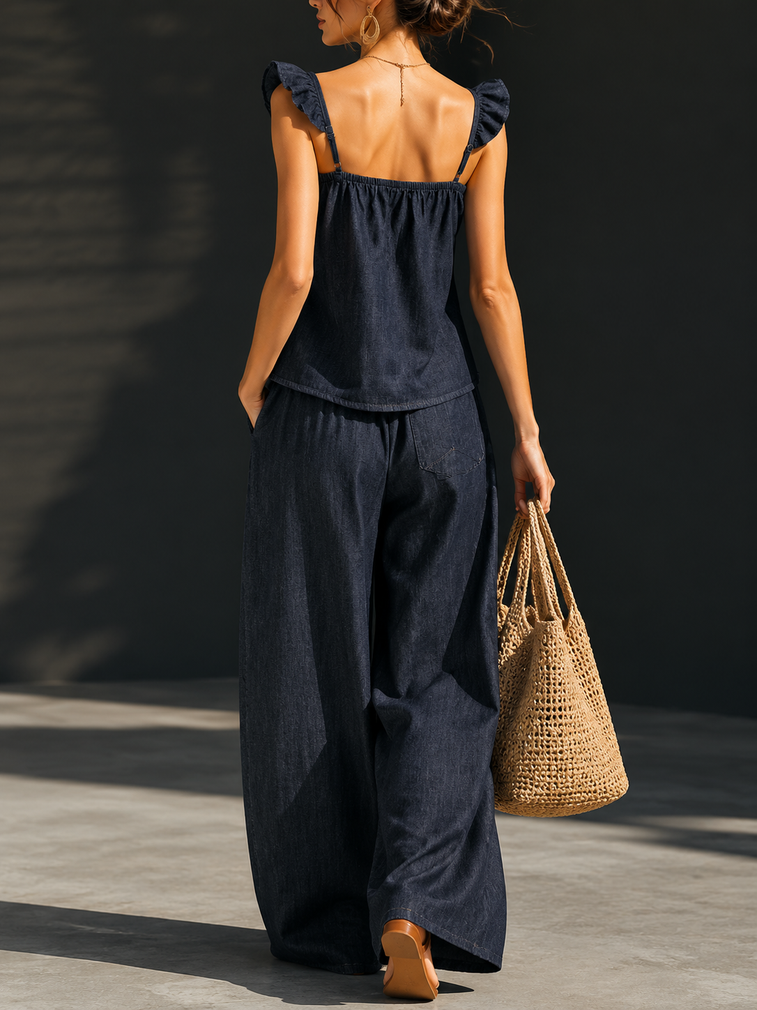 Women's Ruffle Strap Denim Cami Top Wide-Leg Pants Two-Piece Set Boho Summer Beach Vacation Casual Outfit - Seldom Seen Styles