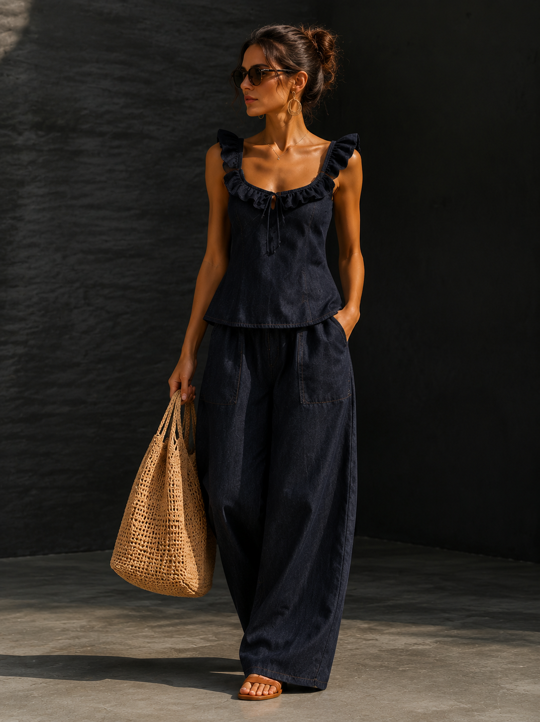 Women's Ruffle Strap Denim Cami Top Wide-Leg Pants Two-Piece Set Boho Summer Beach Vacation Casual Outfit - Seldom Seen Styles