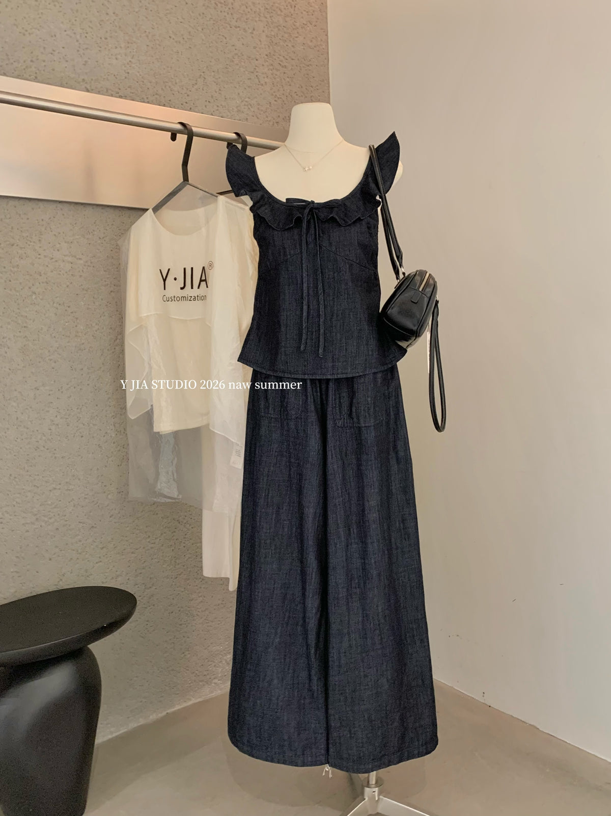 Women's Ruffle Strap Denim Cami Top Wide-Leg Pants Two-Piece Set Boho Summer Beach Vacation Casual Outfit - Seldom Seen Styles