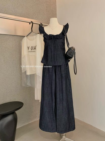 Women's Ruffle Strap Denim Cami Top Wide-Leg Pants Two-Piece Set Boho Summer Beach Vacation Casual Outfit