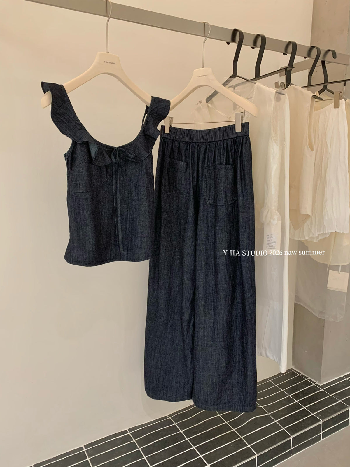 Women's Ruffle Strap Denim Cami Top Wide-Leg Pants Two-Piece Set Boho Summer Beach Vacation Casual Outfit - Seldom Seen Styles