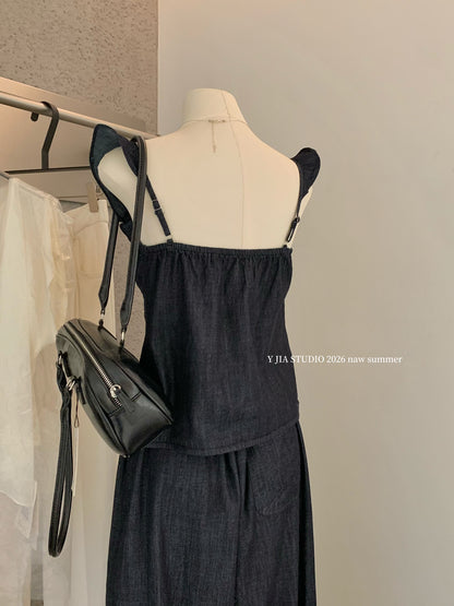 Women's Ruffle Strap Denim Cami Top Wide-Leg Pants Two-Piece Set Boho Summer Beach Vacation Casual Outfit