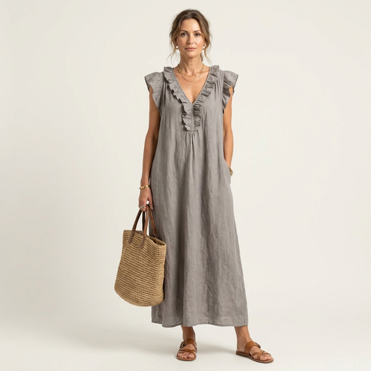 Women's Ruffle V-Neck Linen Maxi Dress Flutter Sleeve Loose Fit Summer Casual Vacation Dress - Seldom Seen Styles