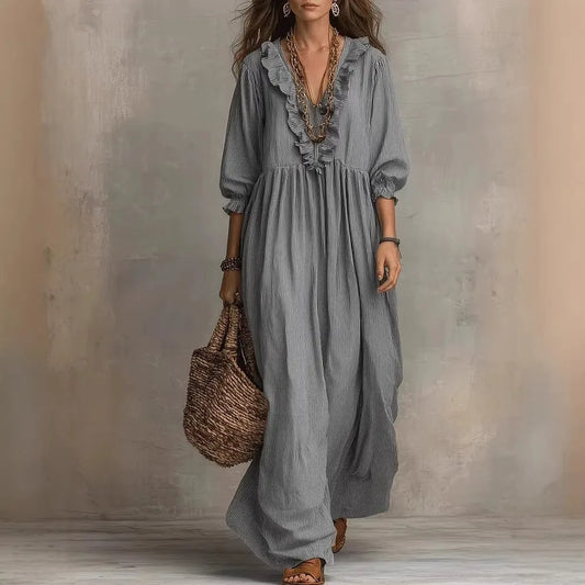 Women's Ruffle V Neck Long Sleeve Striped Maxi Dress Loose High Waist Casual Bohemian Summer Beach Vacation Dress - Seldom Seen Styles