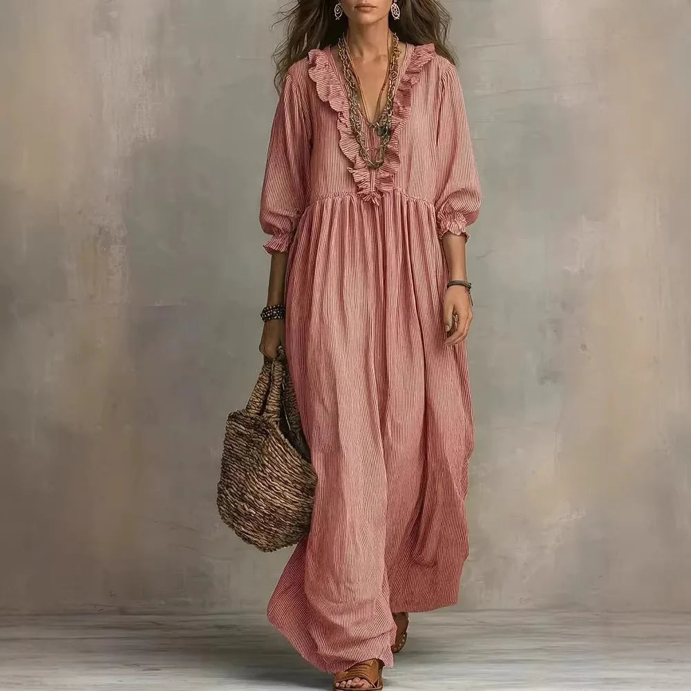 Women's Ruffle V Neck Long Sleeve Striped Maxi Dress Loose High Waist Casual Bohemian Summer Beach Vacation Dress - Seldom Seen Styles