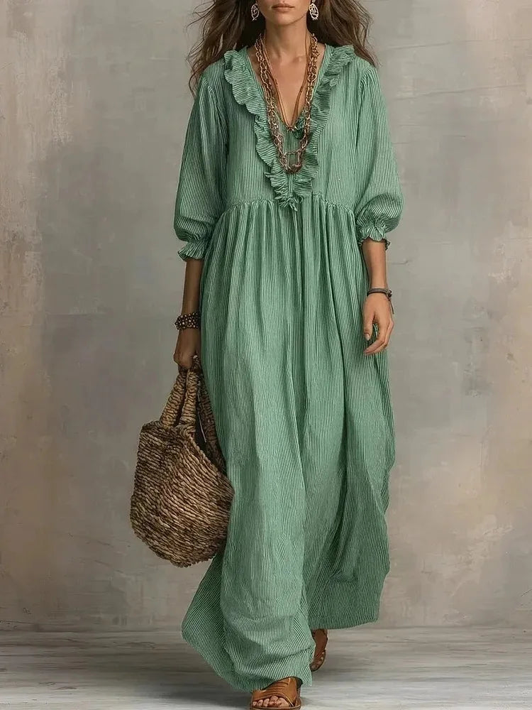 Women's Ruffle V Neck Long Sleeve Striped Maxi Dress Loose High Waist Casual Bohemian Summer Beach Vacation Dress - Seldom Seen Styles