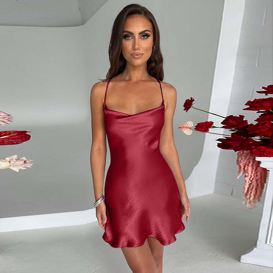 Women's Satin Cowl Neck Mini Dress Double Layered Draped Criss-Cross Tie Back Flowy Hem Party Date Night Going Out Dress - Seldom Seen Styles