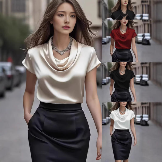 Women's Satin Drape Short Sleeve French Shirt Elegant Casual Summer Vacation Blouse - Seldom Seen Styles