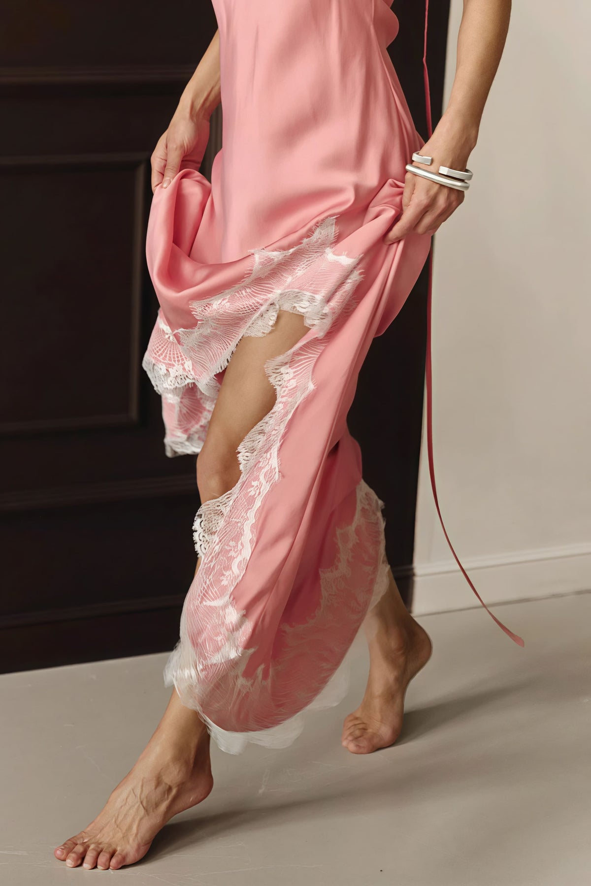 Women's Satin Lace Trim Maxi Dress Spaghetti Strap High Slit Elegant Slip Dress - Seldom Seen Styles