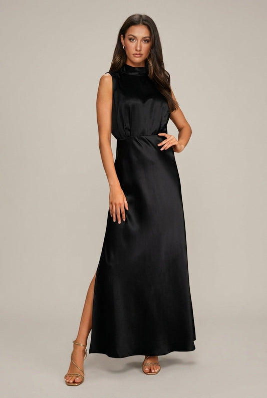 Women's Satin Maxi Dress Mock Neck - Seldom Seen Styles