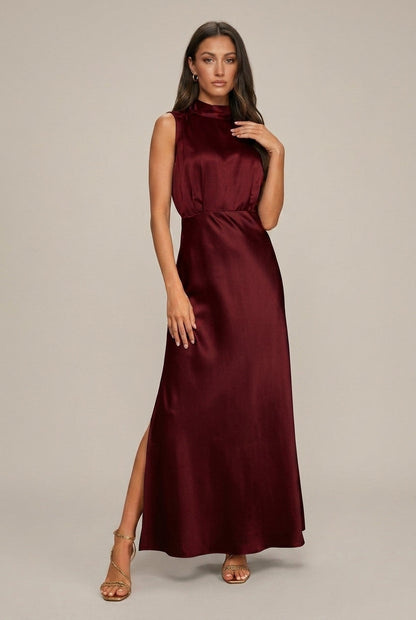 Women's Satin Maxi Dress Mock Neck