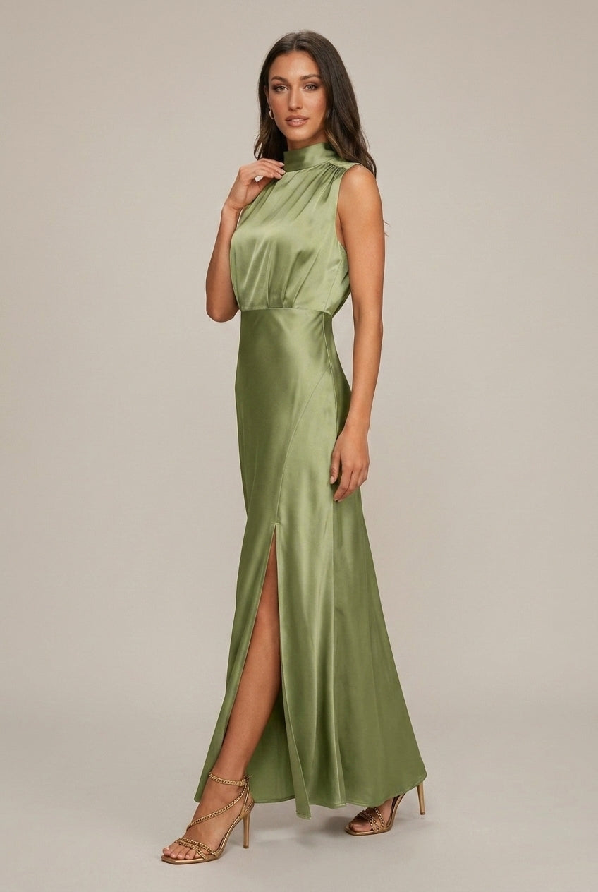 Women's Satin Maxi Dress Mock Neck - Seldom Seen Styles