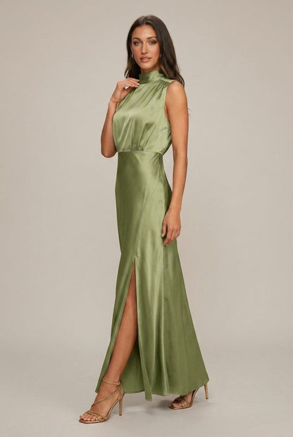 Women's Satin Maxi Dress Mock Neck
