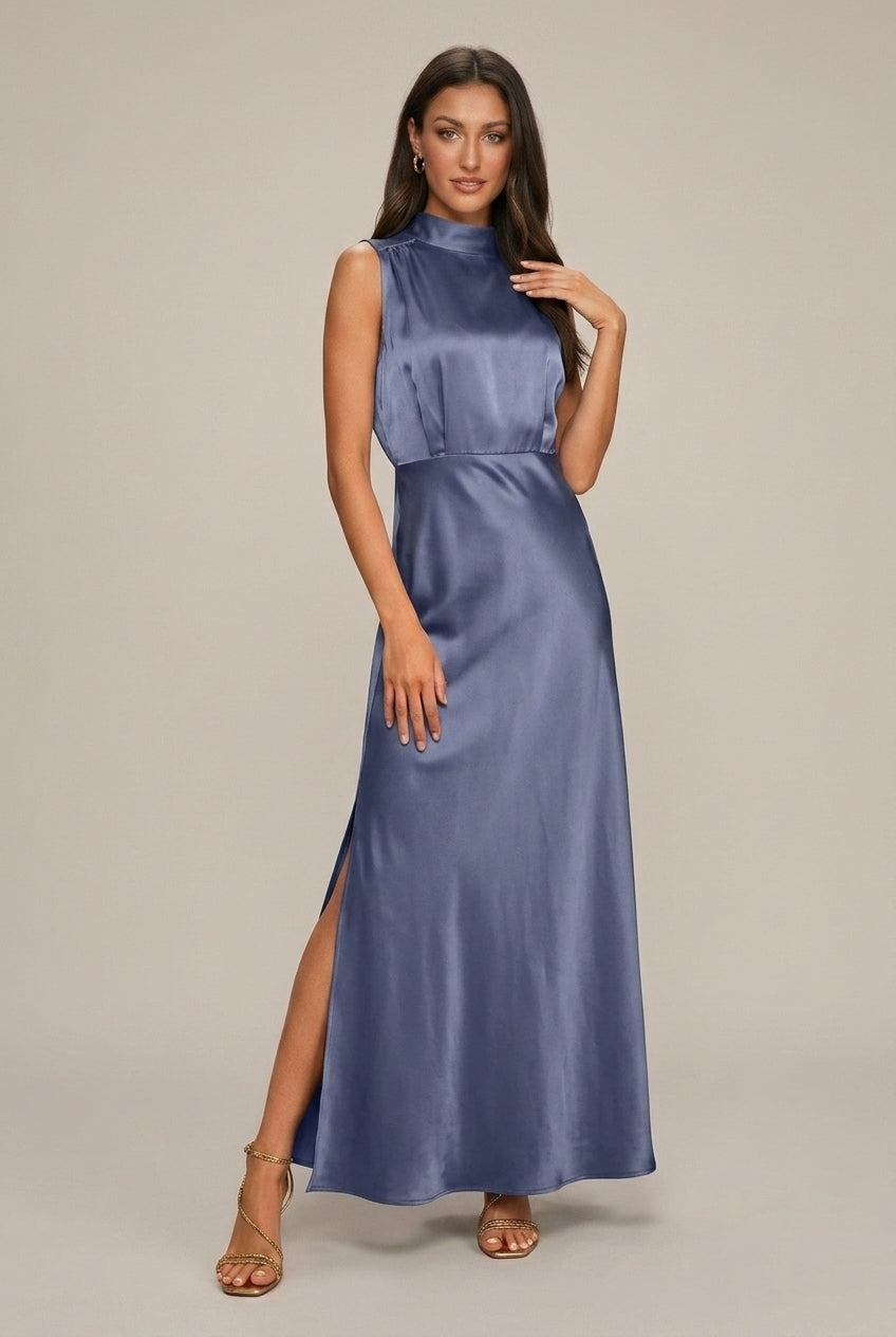 Women's Satin Maxi Dress Mock Neck - Seldom Seen Styles