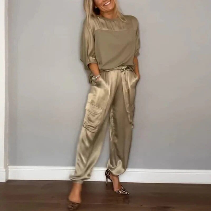 Women's Satin Two Piece Set Loose Top and Cargo Pants Casual Elegant Outfit - Seldom Seen Styles