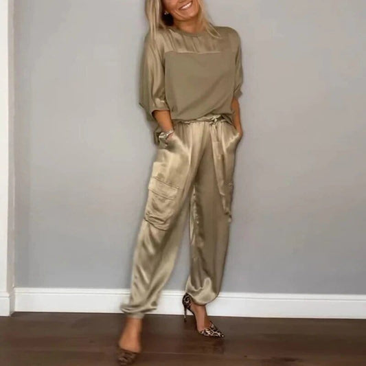 Women's Satin Two Piece Set Loose Top and Cargo Pants Casual Elegant Outfit - Seldom Seen Styles