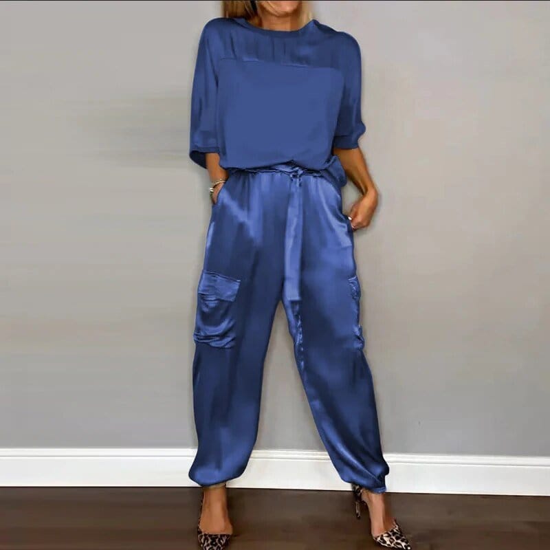 Women's Satin Two Piece Set Loose Top and Cargo Pants Casual Elegant Outfit - Seldom Seen Styles