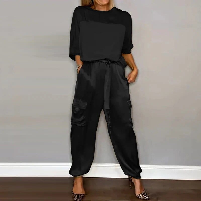 Women's Satin Two Piece Set Loose Top and Cargo Pants Casual Elegant Outfit - Seldom Seen Styles