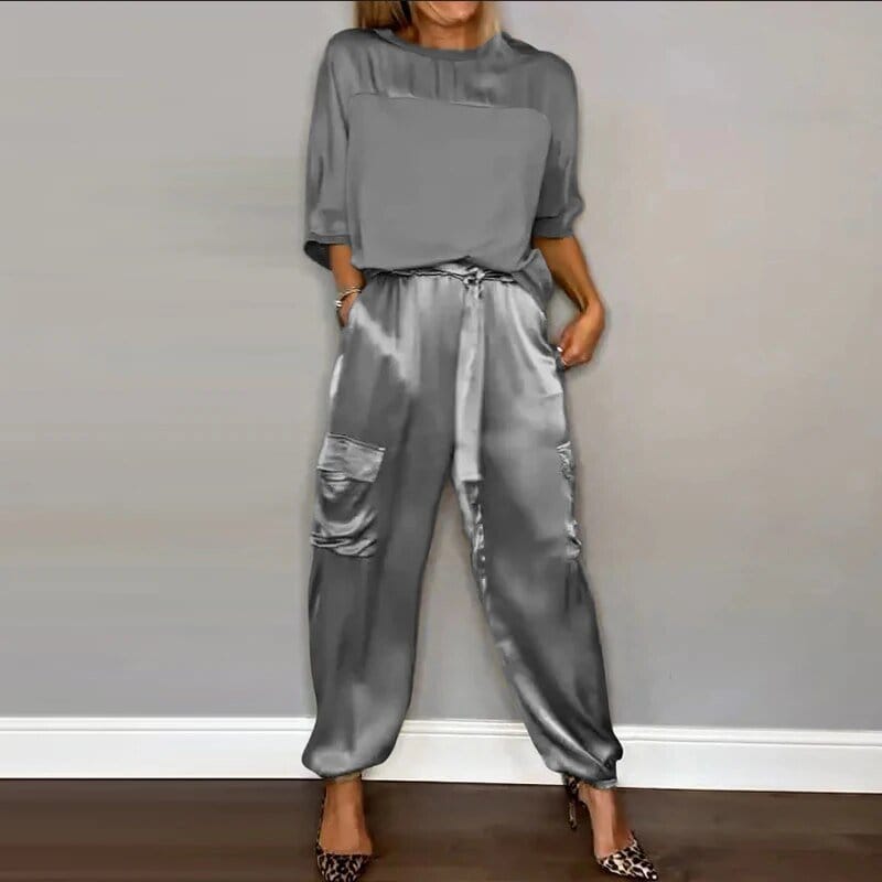 Women's Satin Two Piece Set Loose Top and Cargo Pants Casual Elegant Outfit - Seldom Seen Styles