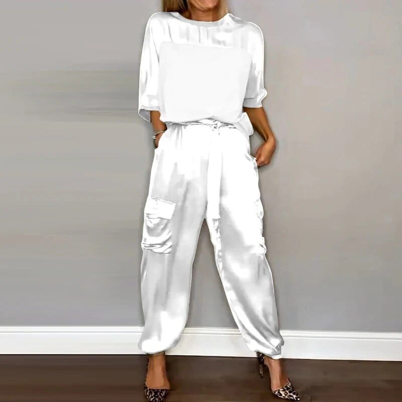 Women's Satin Two Piece Set Loose Top and Cargo Pants Casual Elegant Outfit - Seldom Seen Styles