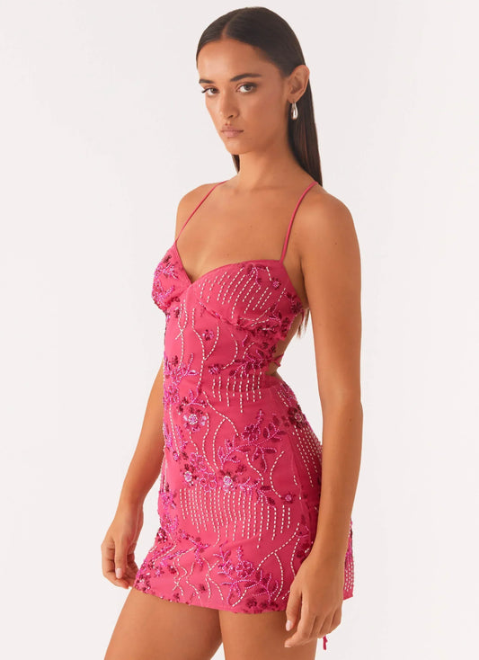 Women's Sequin Embroidered Cami Mini Dress Open Back Criss-Cross Tie Fully Lined Figure-Enhancing Party Cocktail Evening Dress - Seldom Seen Styles