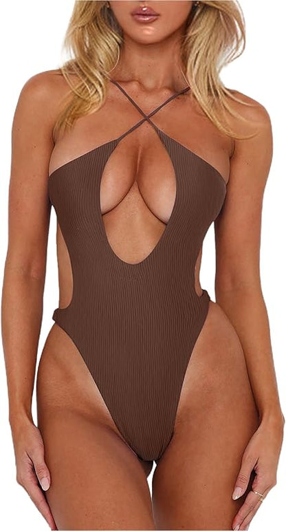 Women's Sexy Criss Cross Halter One Piece Swimsuit Cut Out Backless Monokini Beach Vacation Bathing Suit