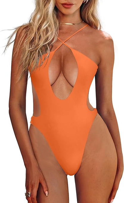 Women's Sexy Criss Cross Halter One Piece Swimsuit Cut Out Backless Monokini Beach Vacation Bathing Suit
