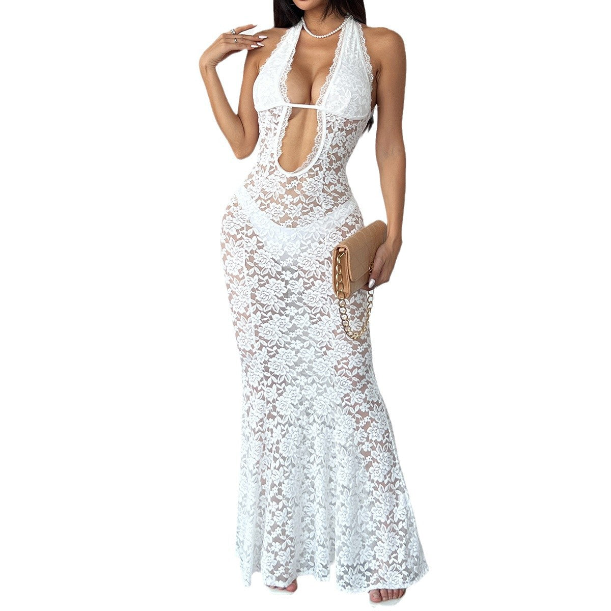 Women's Sexy Lace Maxi Dress Deep V Halter Backless Bodycon Evening Dress - Seldom Seen Styles
