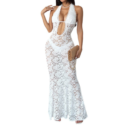 Women's Sexy Lace Maxi Dress Deep V Halter Backless Bodycon Evening Dress