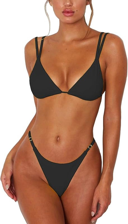 Maillot de bain deux pièces sexy pour femme, string, bretelles doubles, joli triangle