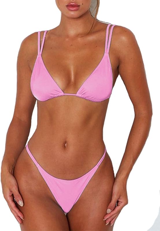 Women's Sexy Thong Bottom Two Piece Bikini Double Shoulder Straps Cute Swimsuit Triangle Bathing - Seldom Seen Styles