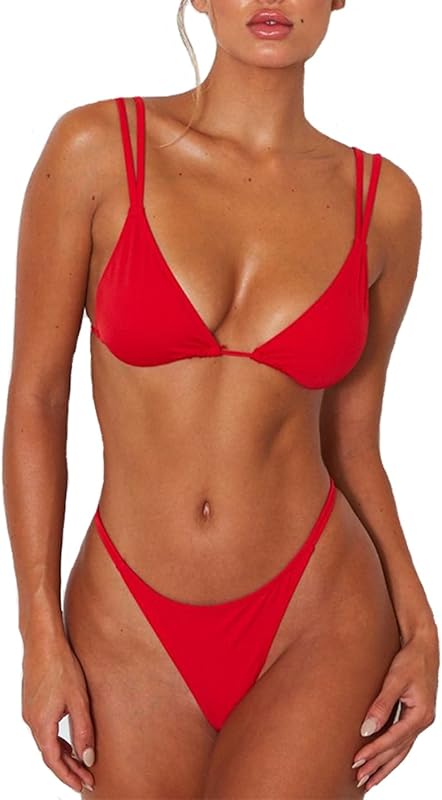 Women's Sexy Thong Bottom Two Piece Bikini Double Shoulder Straps Cute Swimsuit Triangle Bathing - Seldom Seen Styles