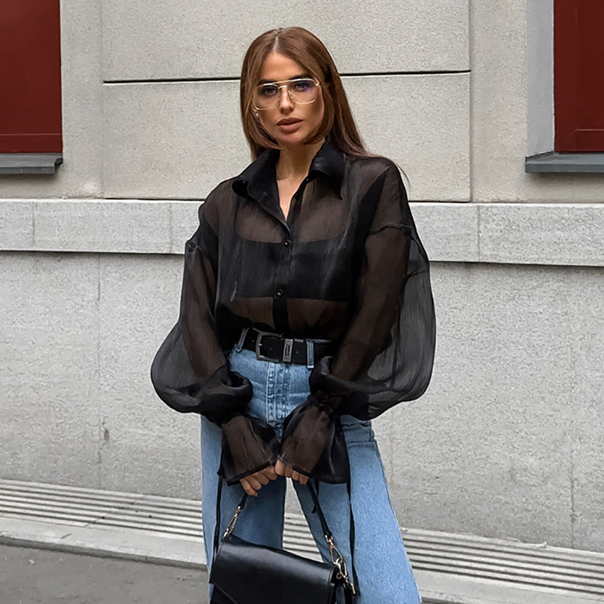 Women's Sheer Mesh Button Up Shirt Oversized Lantern Sleeve See Through Blouse - Seldom Seen Styles