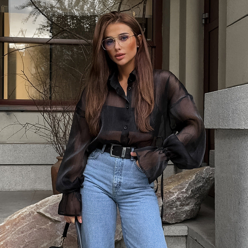 Women's Sheer Mesh Button Up Shirt Oversized Lantern Sleeve See Through Blouse - Seldom Seen Styles