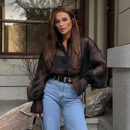 Women's Sheer Mesh Button Up Shirt Oversized Lantern Sleeve See Through Blouse