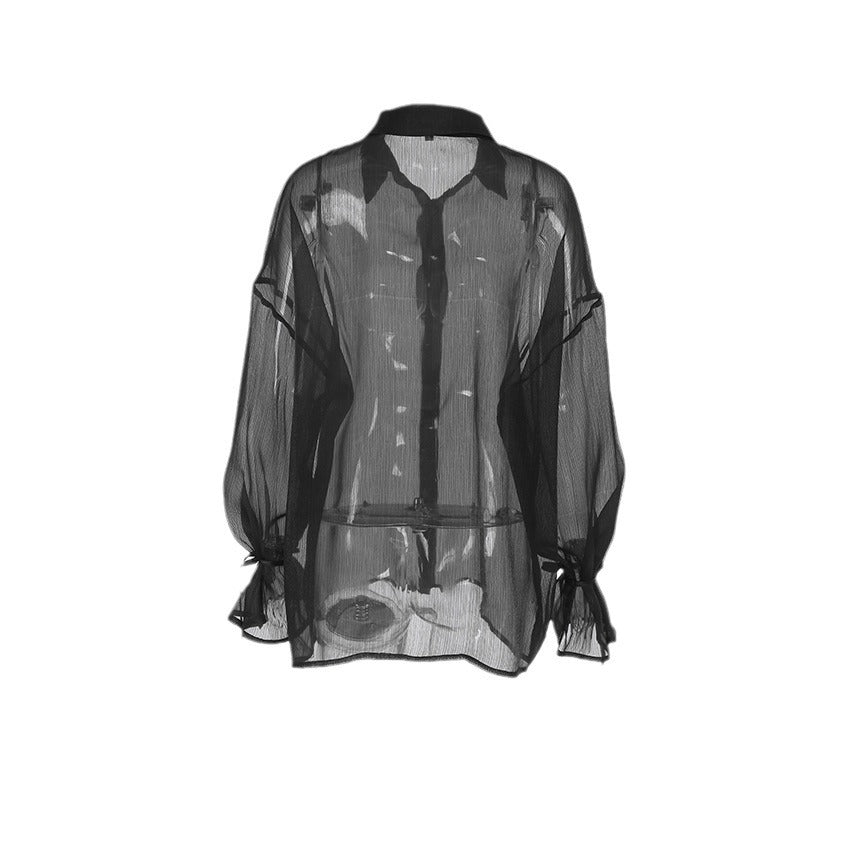 Women's Sheer Mesh Button Up Shirt Oversized Lantern Sleeve See Through Blouse - Seldom Seen Styles