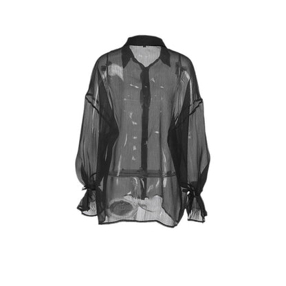 Women's Sheer Mesh Button Up Shirt Oversized Lantern Sleeve See Through Blouse