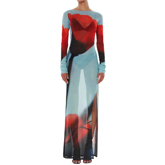 Women's Sheer Mesh Maxi Dress Long Sleeve Printed Bodycon High Slit Elegant Dress - Seldom Seen Styles
